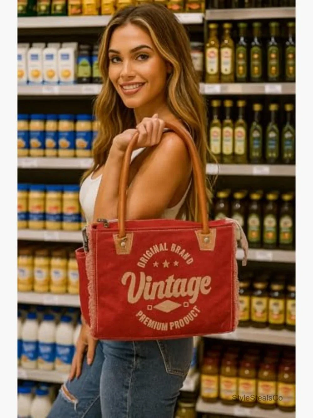 Canvas Tote Bag with Leather Handles, Shoulder & Beach Bag - 13x10 - Picture 3 of 7
